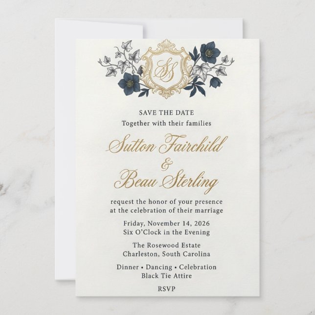 Convite de Casamento Vintage Gold Crest Royal Navy (Frente)