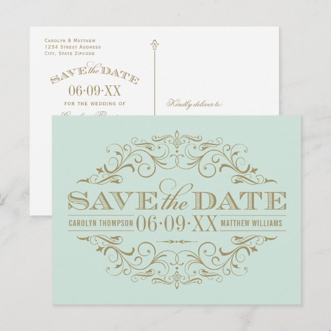 Convite de casamento Vintage Mint Gold com Caligra (Frente/Verso)