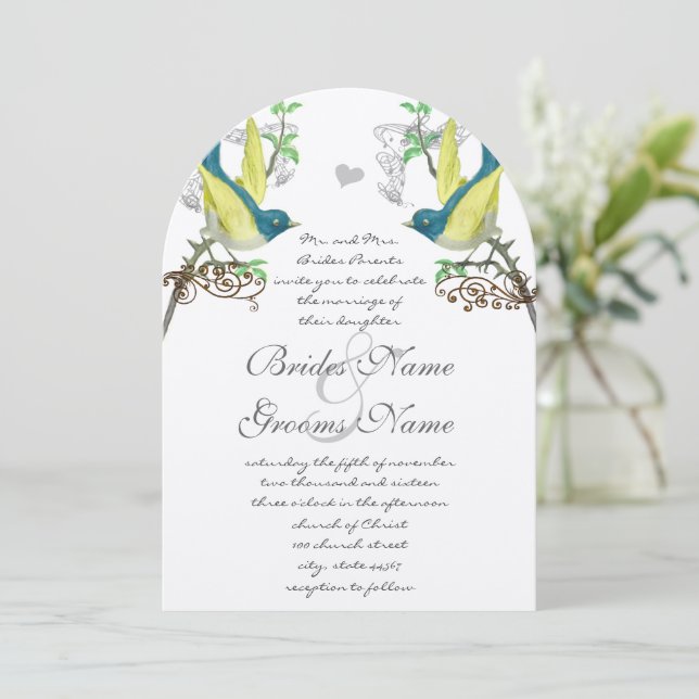 Convite de Casamento Vintage Pássaros Azul Verde A (Em pé/Frente)