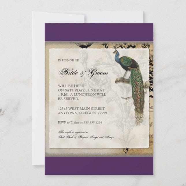 Convite de Casamento Vintage Peacock 6 (Frente)