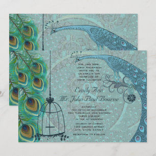 Convite de Casamento Vintage Peacock Bird Cage Fea