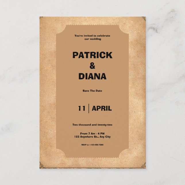 Convite de Casamento Vintage Retrô Marrom e Preto (Frente)