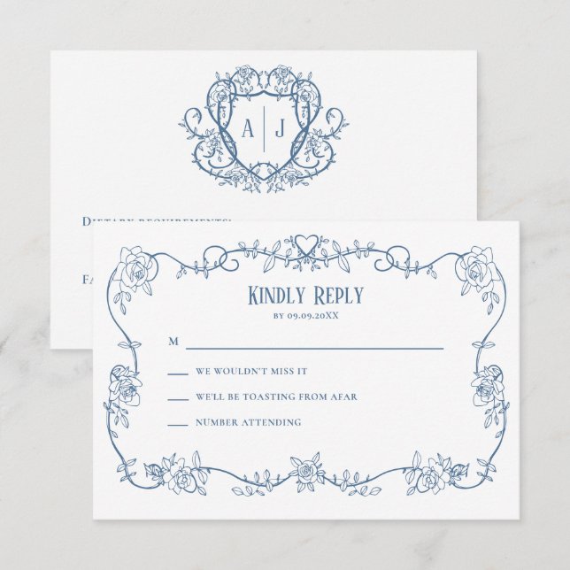 Convite de Casamento Vintage Rosa Espalhada Azul, (Frente/Verso)