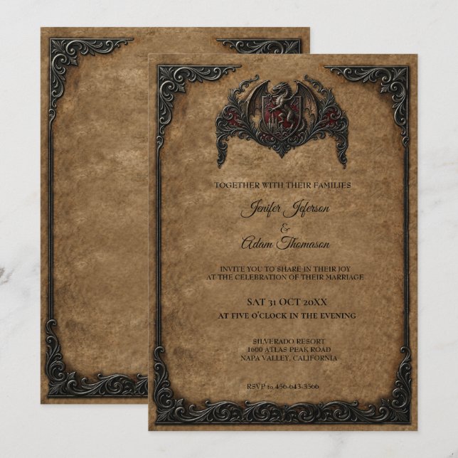 Convite de Casamento Vintage Royal Gótico (Frente/Verso)