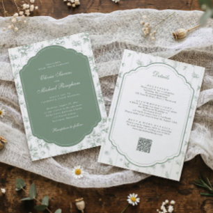 Convite de Casamento Vintage Sage Green Toile Tudo