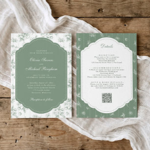 Convite de Casamento Vintage Toile Verde Sage Tudo