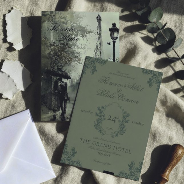 Convite de Casamento Vintage Verde Paris (paris inspired olive green wedding invitation with illustration, vintage victorian style)