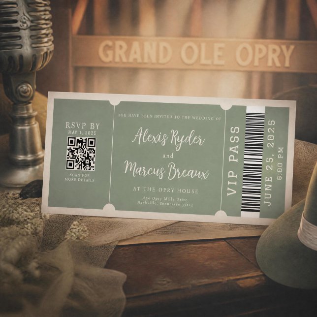 Convite de Casamento VIP Ticket Trendy Sage (Criador carregado)