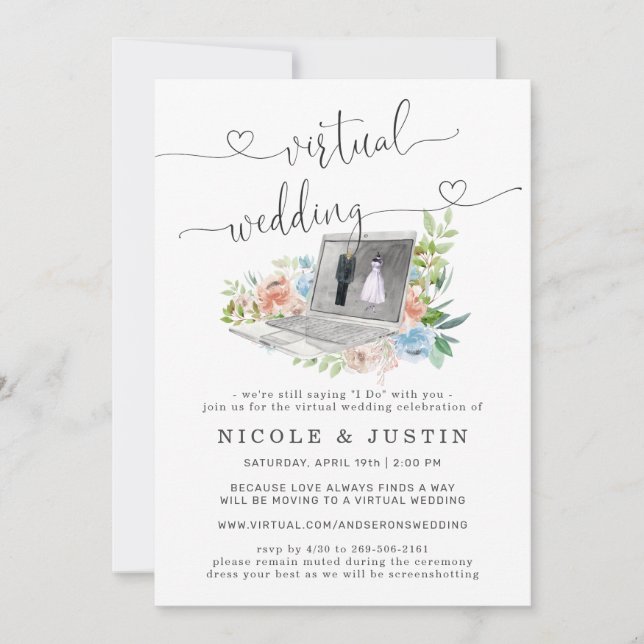 Convite de Casamento Virtual | Laptop Floral (Frente)
