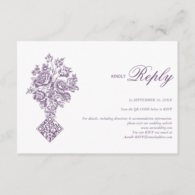 Convite de Casamento Vitoriano com Buquê Roxo em C (Frente)