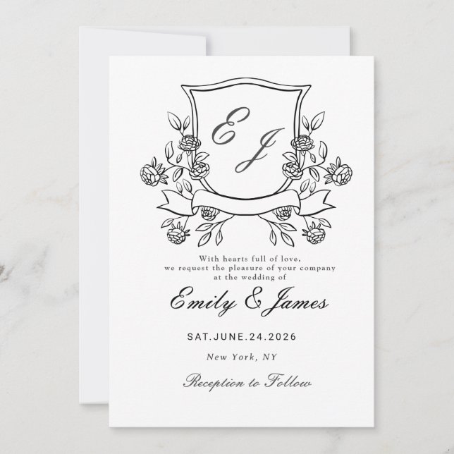 convite de casamento vitoriano com crista floral s (Frente)