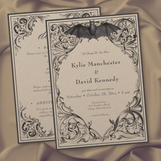 Convite de Casamento Vitoriano com Morcego Até a M (Victorian Bat Until Death Black & Tan Two Sided Invitation)