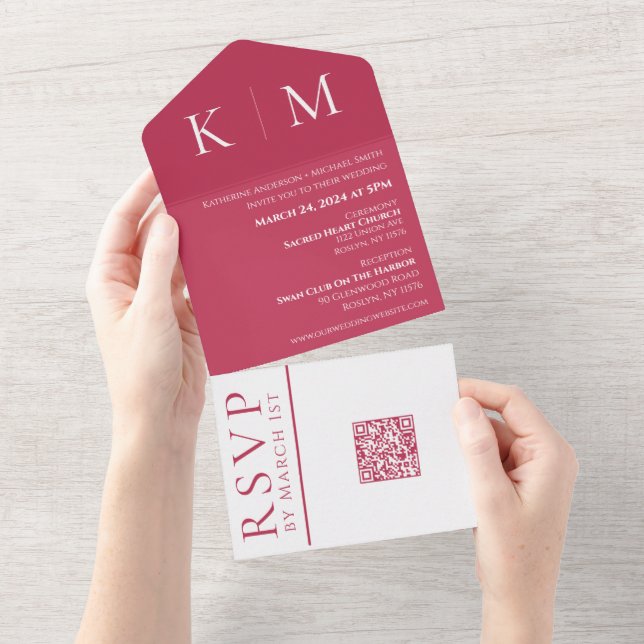 Convite de casamento Viva Magenta e White-Monogram (Aba destacável)