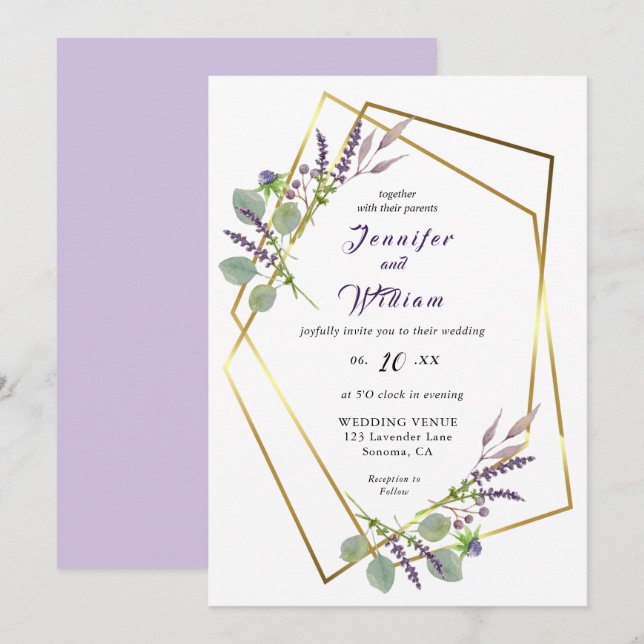 Convite de casamento Watercolor Lavanda, Eucalipto (Frente/Verso)