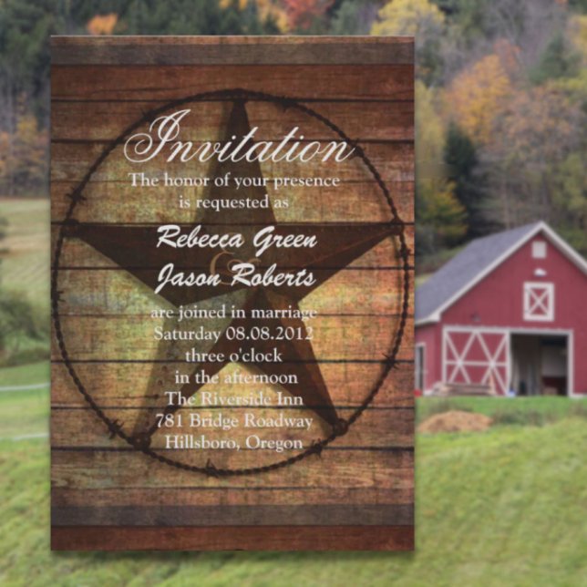 convite de casamento western em madeira rústica es (rustic wood texas star western wedding invitation)