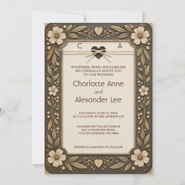 Convite de Casamento Western Sweethearts em Couro  (Frente)