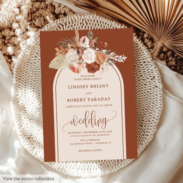 Convite de casamento Whimsso Pampas Grass Boho (Whimsical Copper Pampas Grass Boho Wedding Invitation)