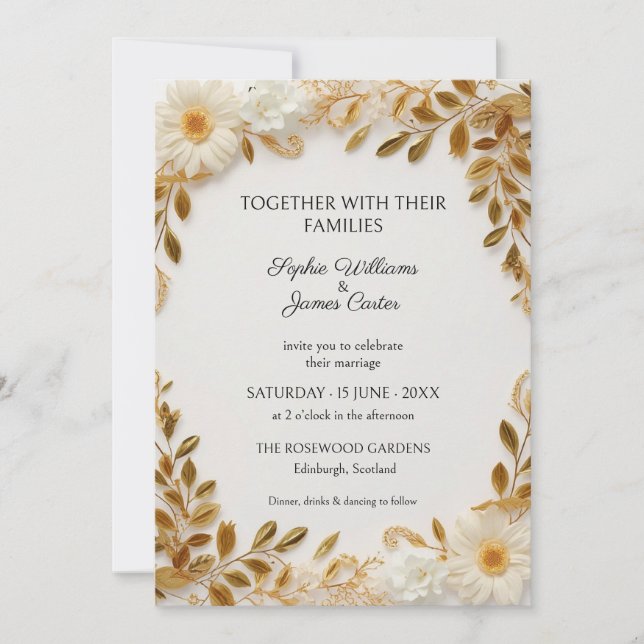 Convite de Casamento White Daisy Gold Leaf (Frente)