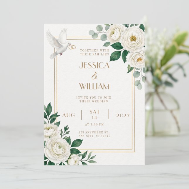 Convite de Casamento White Dove Ranunculus (Em pé/Frente)