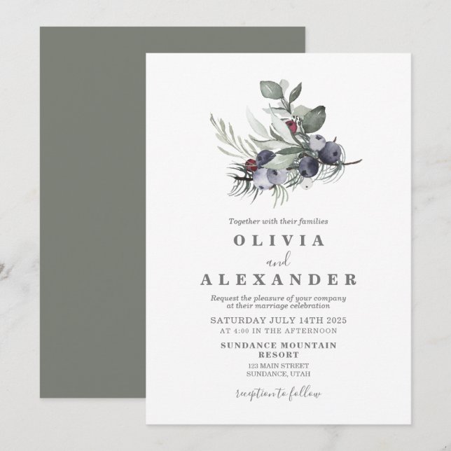 Convite de casamento Winter Greenery e Berries (Frente/Verso)