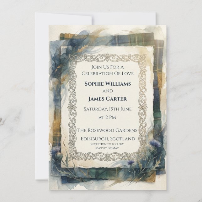 Convite de Casamento Xadrez Azul Antigo Cardo (Frente)
