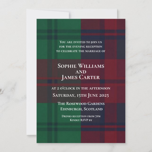 Convite de Casamento Xadrez Tartan Vermelho Natal  (Frente)