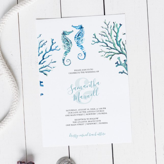 Convite de Cavalinho-Marinho Azul Turquesa em Aqua (Beach wedding invitations template with seahorse watercolor art by Victoria Grigaliunas)