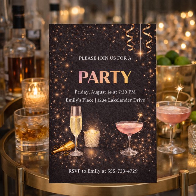 Convite de Celebração com Luzes de Champanhe (Champagne lights and golden sparkle set the scene for an upscale evening celebration)