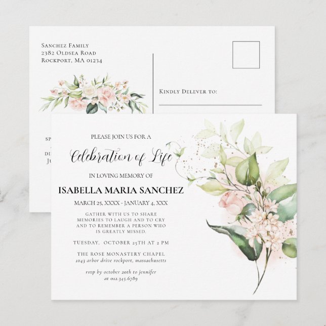 Convite de Celebração da Vida com Flor de Rosa Ros (Frente/Verso)