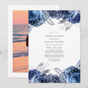 Convite de Celebração da Vida Floral Azul Marinho