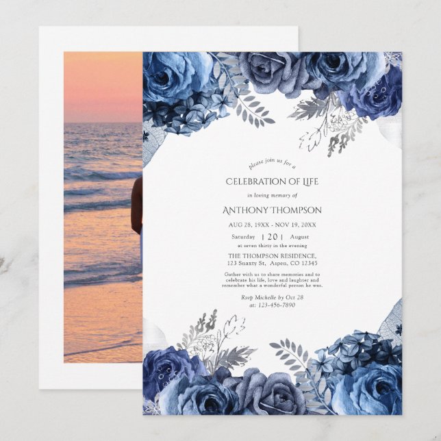 Convite de Celebração da Vida Floral Azul Marinho  (Frente/Verso)