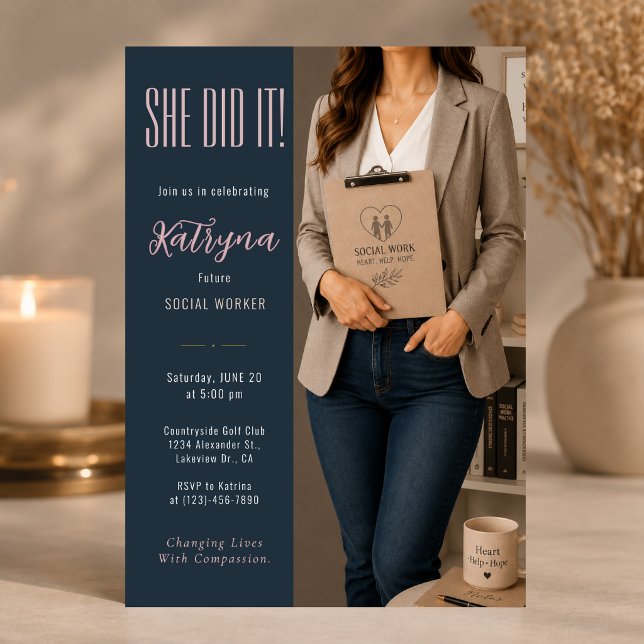 Convite de Celebração de Assistente Social Elegant (Elegant social worker graduation invitation with a warm editorial and compassionate aesthetic ✨)