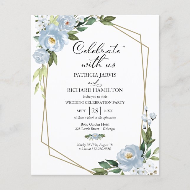 Convite de Celebração de Casamento Floral Azul den (Frente)