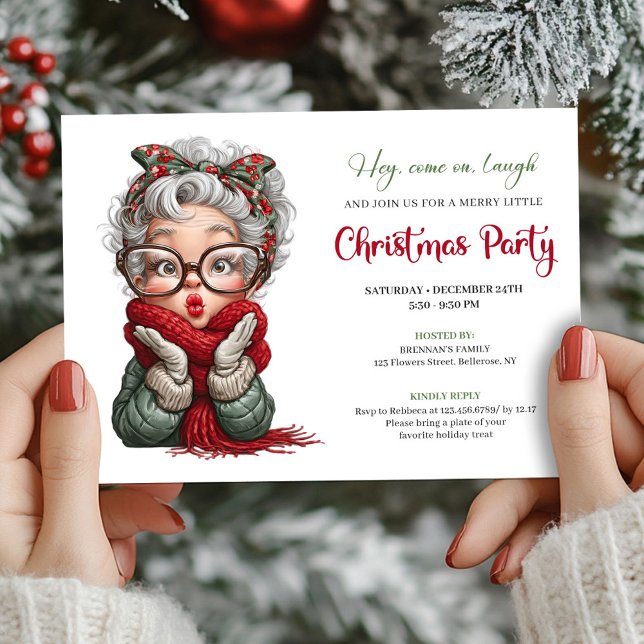 Convite de Celebração de Natal da Vovó Divertida e (Playful Grandma Xmas Cartoon Celebration Invite)