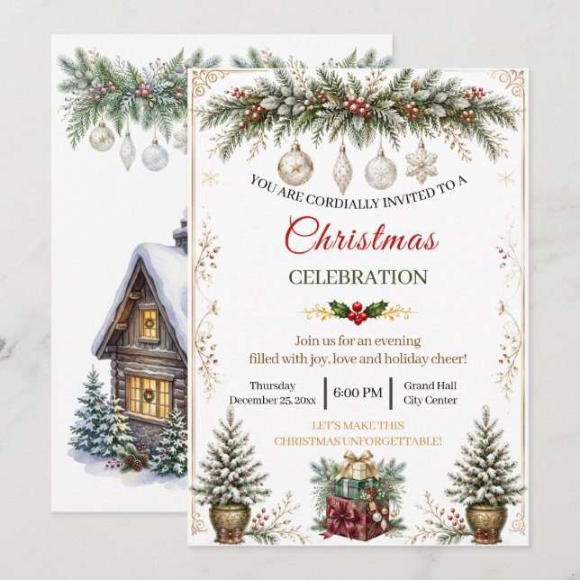 Convite de Celebração de Natal em Aquarela Elegant (Frente/Verso)