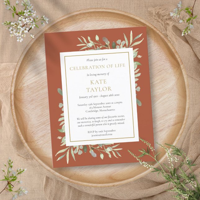 Convite de Celebração de Vida com Verde Terracota (Terracotta Greenery Celebration of Life Invitation)