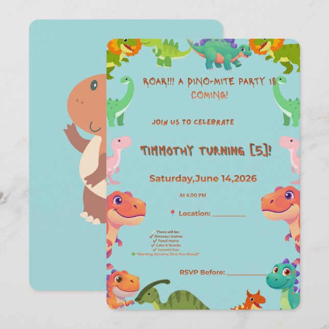 Convite de Celebração Dino-Mite | Bi Personalizado (Frente/Verso)