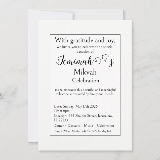 Convite de Celebração Mikvah, Moderno Simples Limp (Frente)