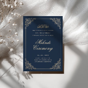 Convite de Cerimônia Mehndi Azul Naval em Moldura