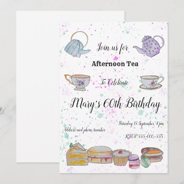 Convite de Chá da Tarde em Aquarela (Frente/Verso)
