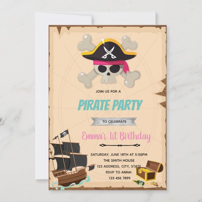 Convite de chá de aniversário de menina pirata (Frente)