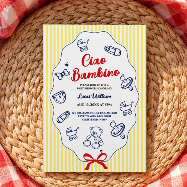 Convite de chá de bebê amarelo Ciao bambino (Criador carregado)