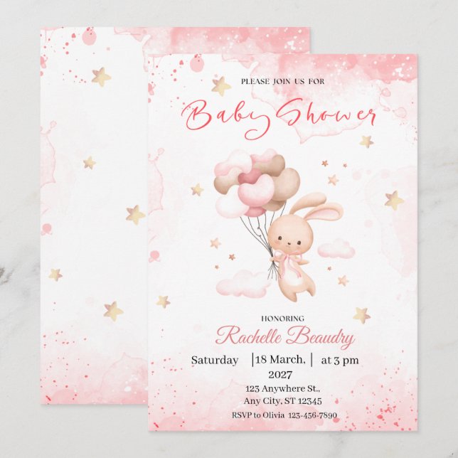 Convite de Chá de Bebê Animais Bege Rosa (Frente/Verso)