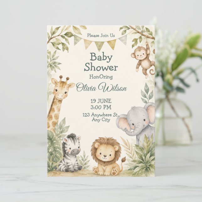 Convite de Chá de Bebê Animais da Selva Fofos (Em pé/Frente)