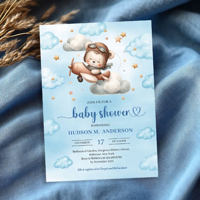 Convite de chá de bebê azul de ursinho aviador ale (Joyful airplane teddy bear blue baby shower invite)