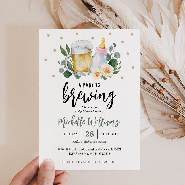 Convite de Chá de Bebê Baby Is Brewing Greenery (Baby is Brewing Beer Baby Shower Party Invitation)
