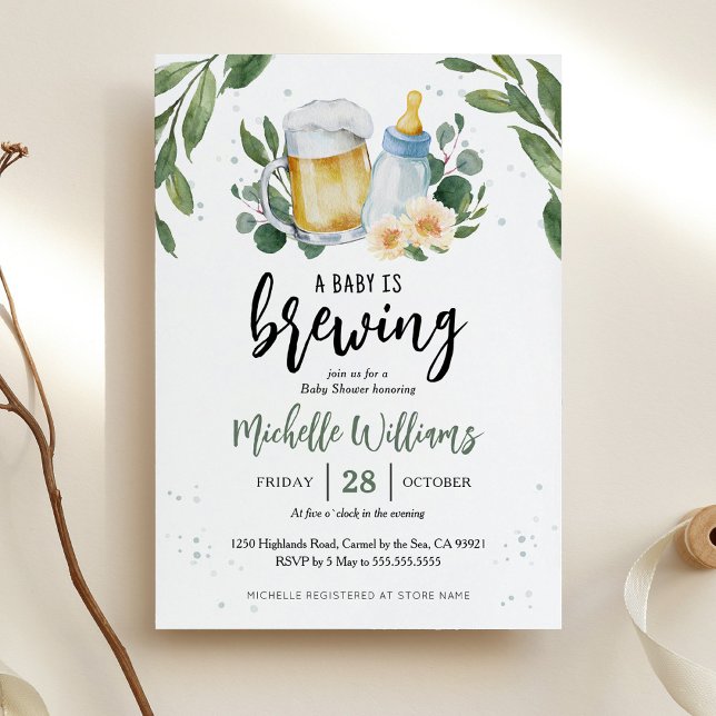 Convite de Chá de Bebê Baby Is Brewing Greenery (Criador carregado)