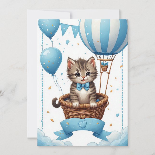 Convite de Chá de Bebê Balão de Ar Quente Gatinho  (Frente)