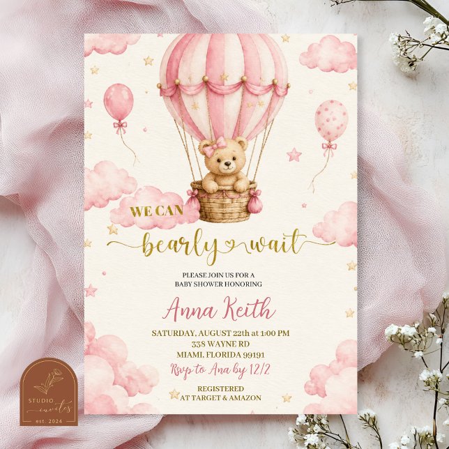 Convite de Chá de Bebê Balão de Ar Urso Rosa (Criador carregado)
