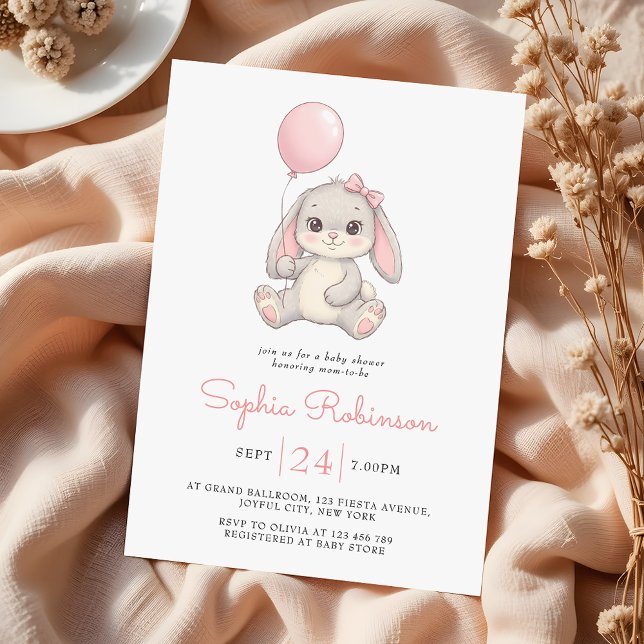 Convite de Chá de Bebê Balão de Coelho Rosa Menina (Criador carregado)